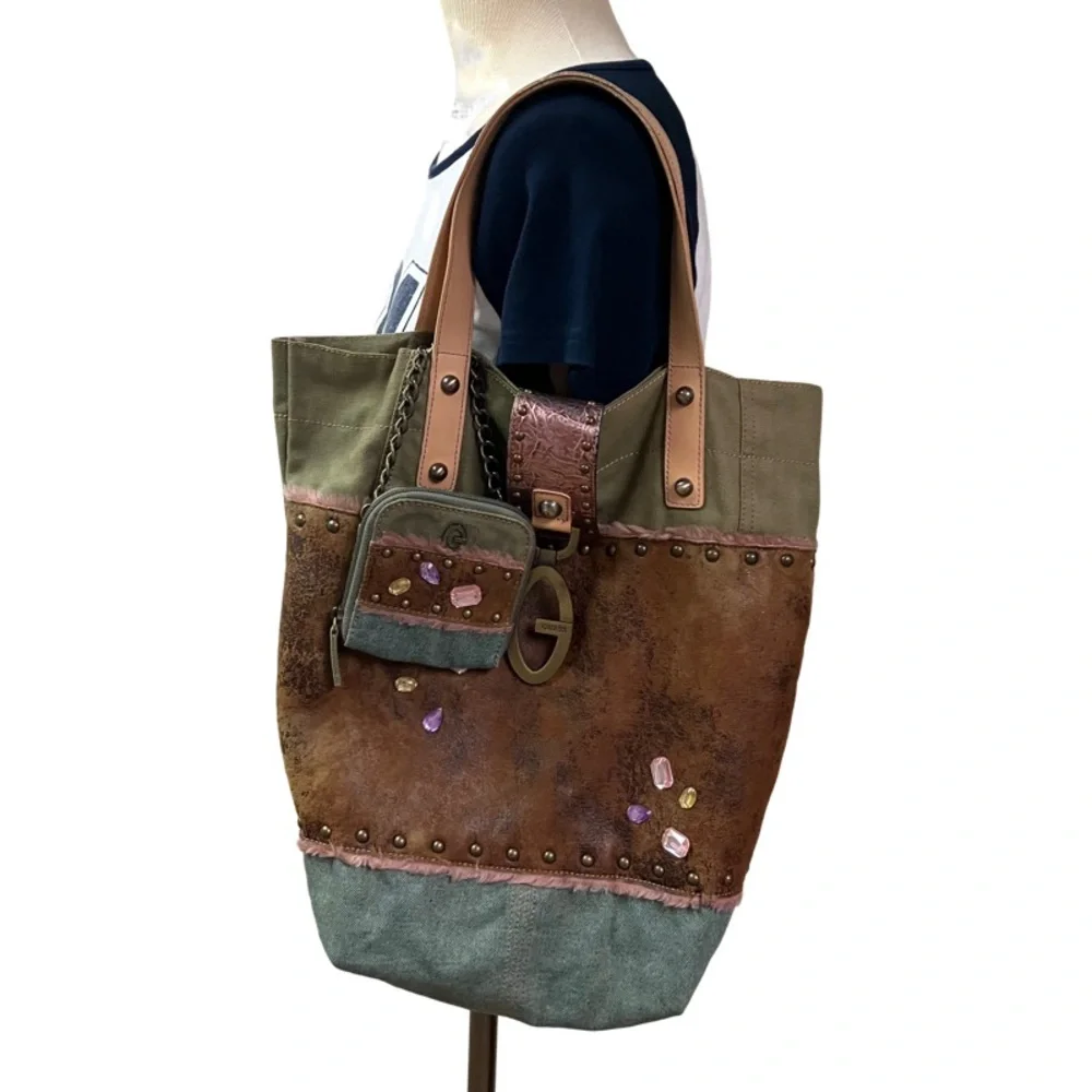 Vintage Y2k Guess Patchwork Reversible Tote Boho Fairycore Grunge Brass G Logo